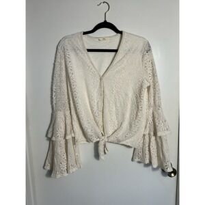 Hummingbird White Lace Boho Bell Sleeve Top Tie Front Button Up Crochet Blouse M
